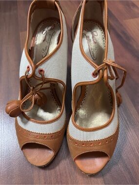 Poetic License Tan & Cream Peep-Toe Lace-Up Heels